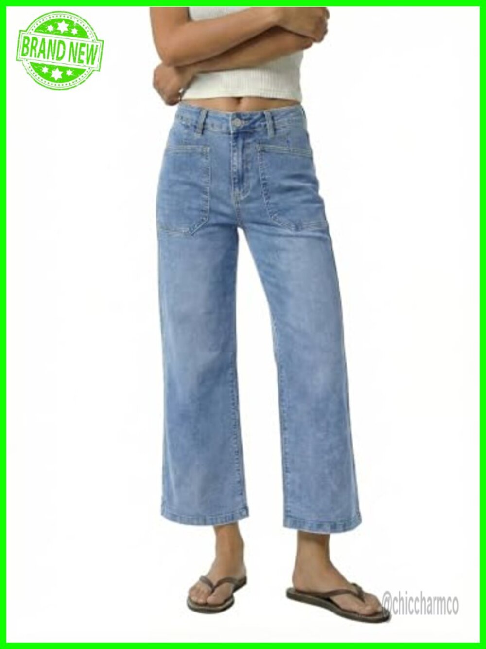 High Waisted Wide Leg Cropped Jeans with Patch Pockets Stretch Denim